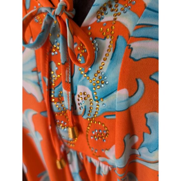 passport Susan Graver Orange Blue Floral 2X Peasant Top W/ Rhinestone Accents - Picture 3 of 10